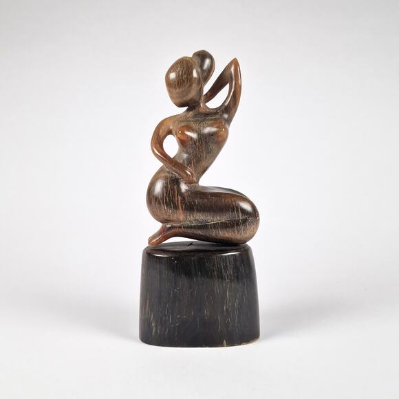 Hand Carved Kneeling Lady Figurine Mid Century Nude Sculpture Ox Horn Indonesian - Picture 1 of 8